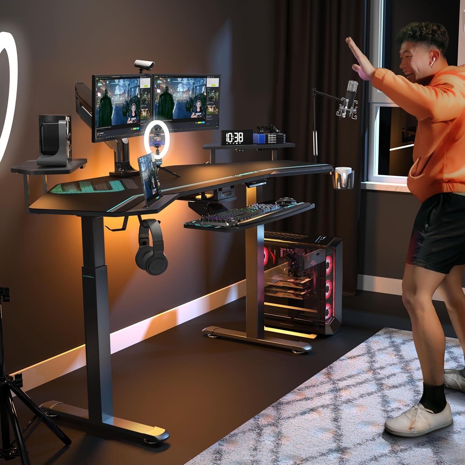 Gaming Desk, Standing Desk W Keyboard Tray, 72" Wing Shaped Music Studio Table with LED Shelves, Gaming Recording Live Stream, Slot Design