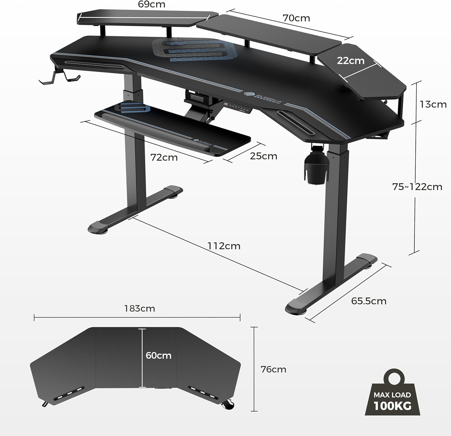 Gaming Desk, Standing Desk W Keyboard Tray, 72" Wing Shaped Music Studio Table with LED Shelves, Gaming Recording Live Stream, Slot Design