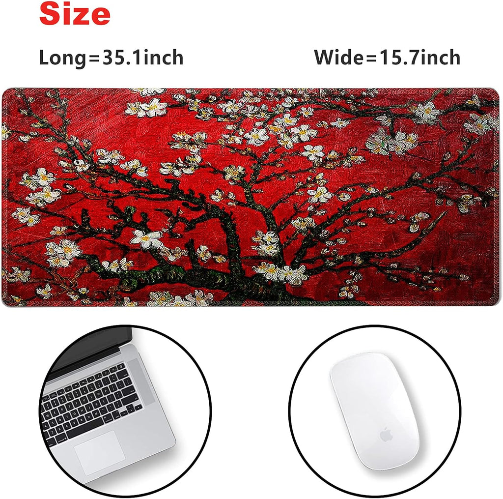 Extended Gaming Mouse Pad XXL  Large Keyboard Mat Long Mousepad Desk Decor Writing Pad Non Slip Rubber Base Stitched Edges for Work, Game, Office, Home, 35.1" X 15.7", Red Painting